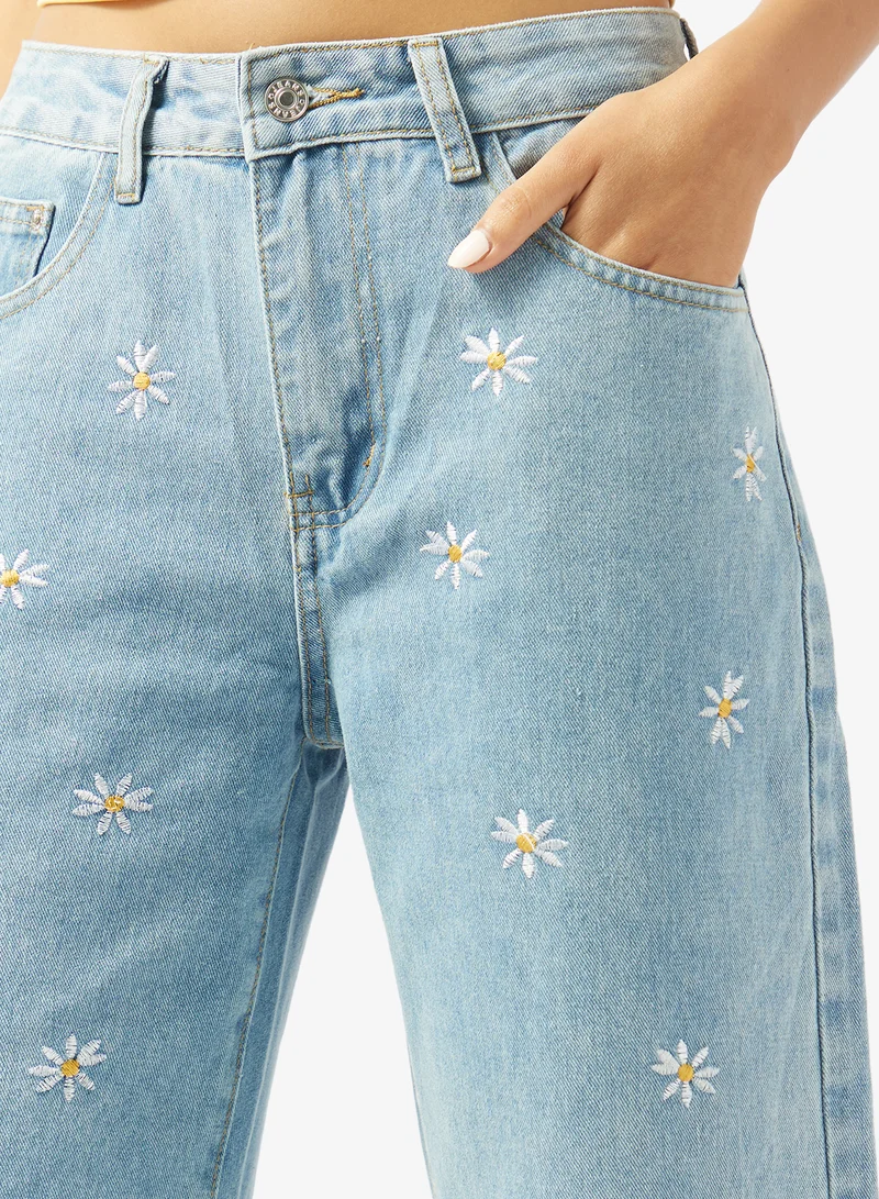 Ginger  Mid Rise Floral Embroidered Straight Fit Jeans for Women | Best Price UAE